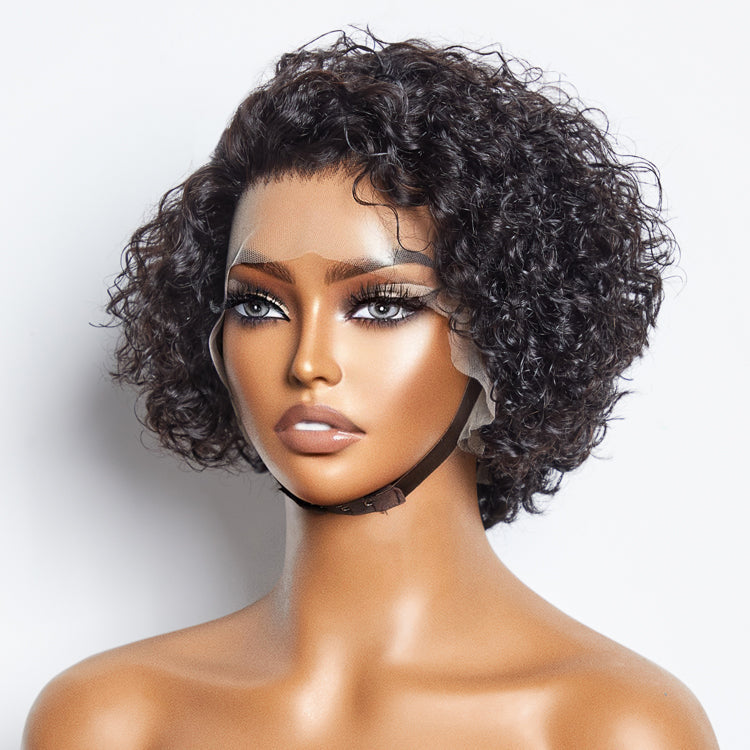 150% Density 13x4 Pre-Bleached Knots Frontal Lace Wig 8 inch Short Curly Pixie Cut