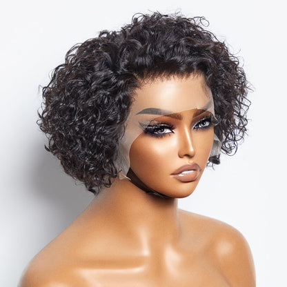 150% Density 13x4 Pre-Bleached Knots Frontal Lace Wig 8 inch Short Curly Pixie Cut