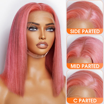 150% Density 13x4 Pre-Plucked Lace Frontal Bob Wig Straight #Pink