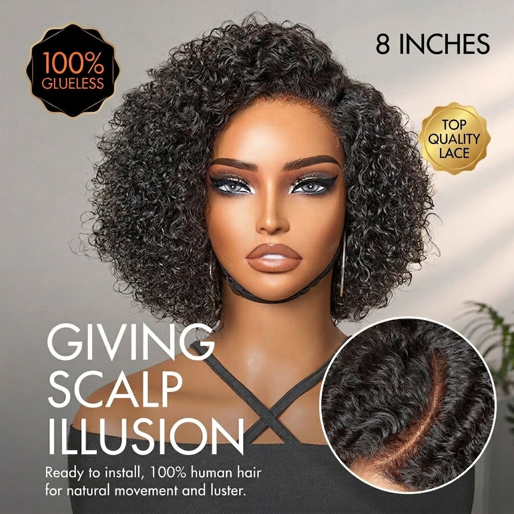 150% Density Trendy Short Cut Minimalist HD Lace Glueless Side Part Wig Kinky Curly