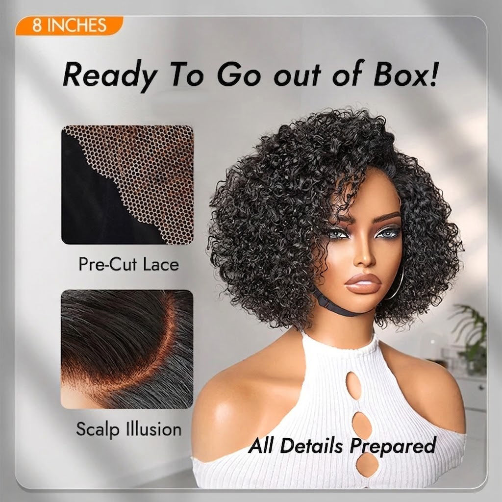 150% Density Trendy Short Cut Minimalist HD Lace Glueless Side Part Wig Kinky Curly