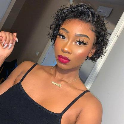 150% Density 13x4 Pre-Bleached Knots Frontal Lace Wig 8 inch Short Curly Pixie Cut