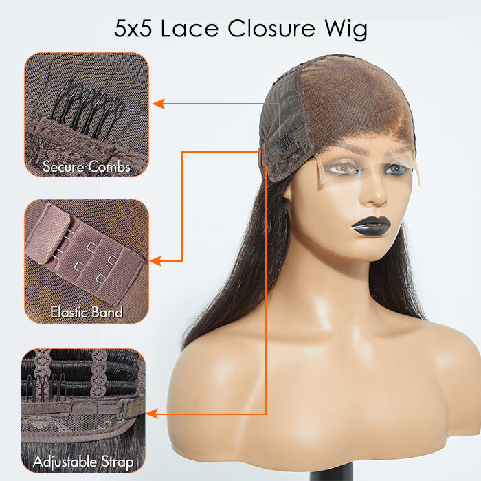 150% Density 5x5 Glueless Lace Closure Bob Wig Straight
