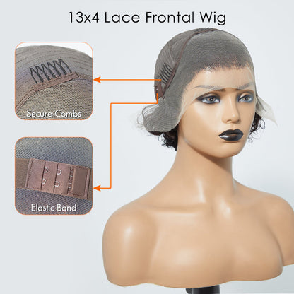 150% Density 13x4 Pre-Bleached Knots Frontal Lace Wig 8 inch Short Curly Pixie Cut
